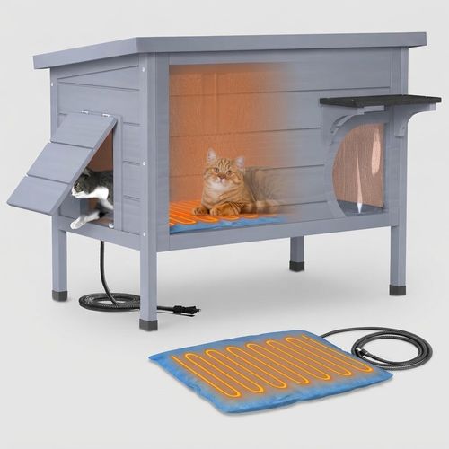 Heated Outdoor Cat House for Feral Cats with Escape Door Wooden