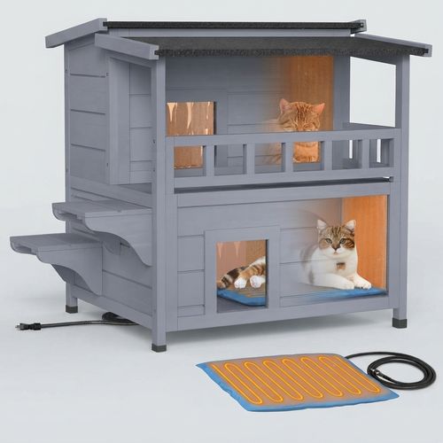 Wooden Heated Cat House for Outside for Stray Feral Cats 2-Story
