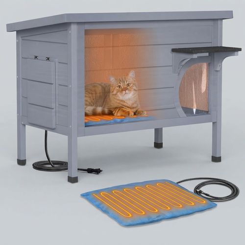 Wooden Heated Cat House for Outside Feral Cats with Escape Door
