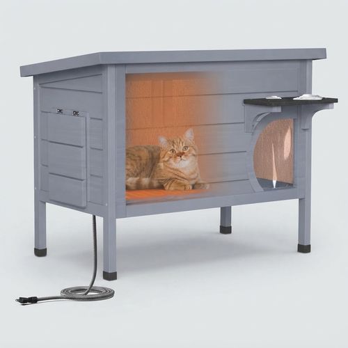 Outdoor Heated Cat House for Outside with Escape Door Wooden