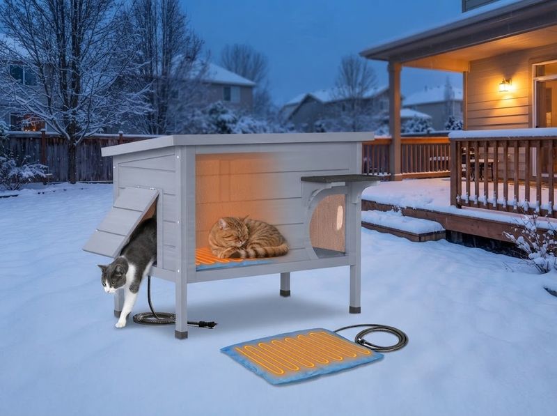 PETIMBER Heated Wooden Cat House with Escape Door