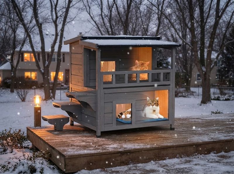 Wooden Heated Cat House for Outside for Stray Feral Cats 2-Story
