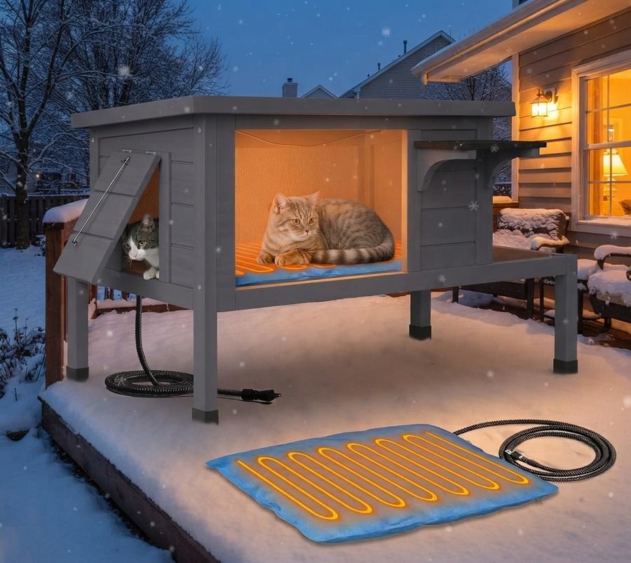 Heated Outdoor Cat House for Feral Cats with Escape Door Wooden