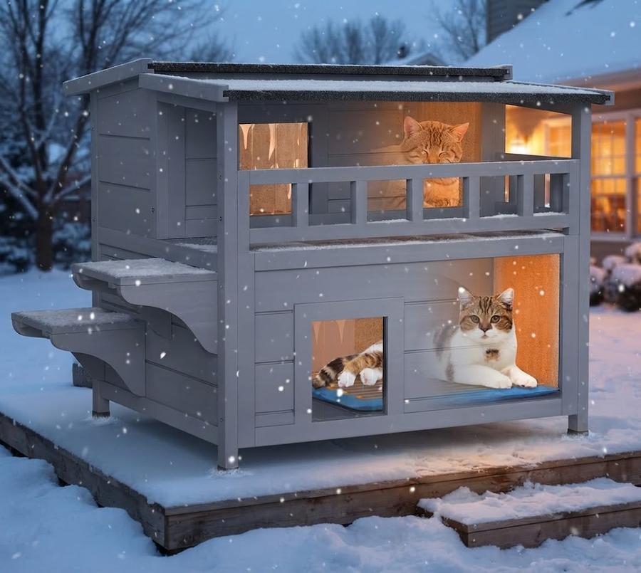 Wooden Heated Cat House for Outside for Stray Feral Cats 2-Story