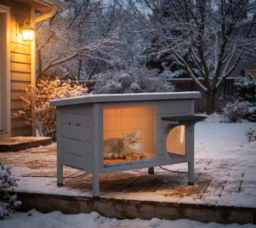 PETIMBER Heated Wooden Cat House, Single Story