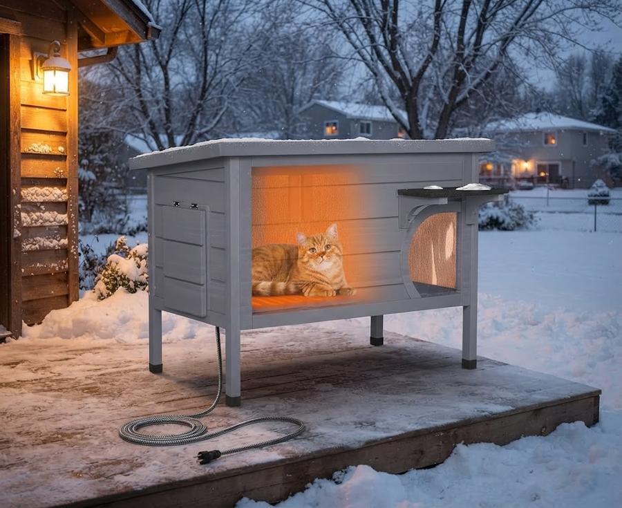PETIMBER Heated Wooden Cat House with Adjustable Roof